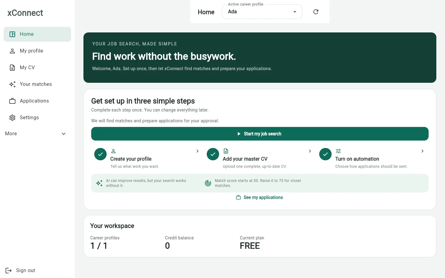 XConnect workspace with career profile, master CV and applications navigation
